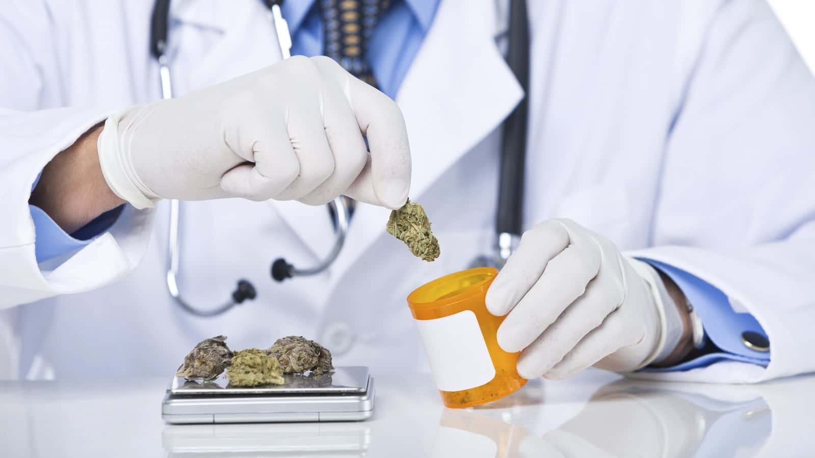 Part of a senior doctor holding pill bottle with scale and marijuana, isolated on white background